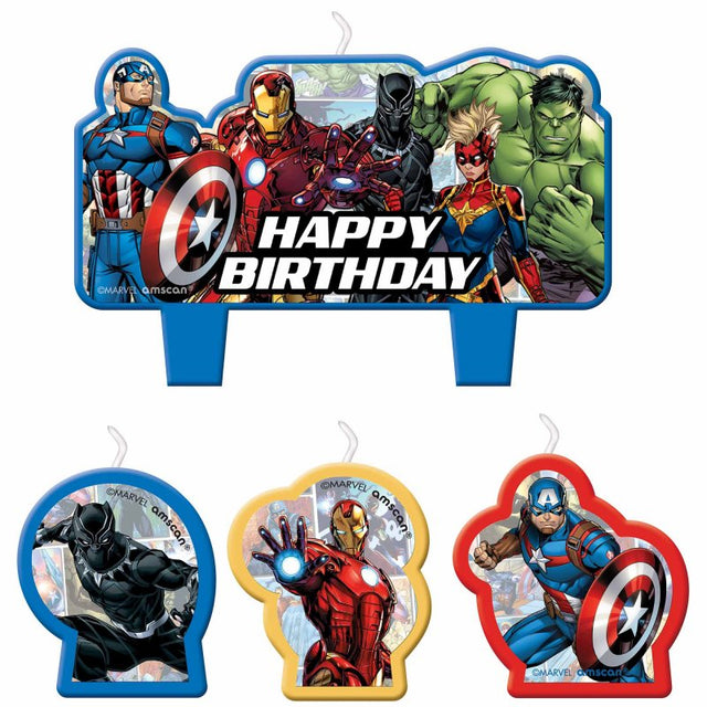 Colorful Marvel-themed birthday candles set of 4, featuring mini molded superheroes for festive cake decoration.