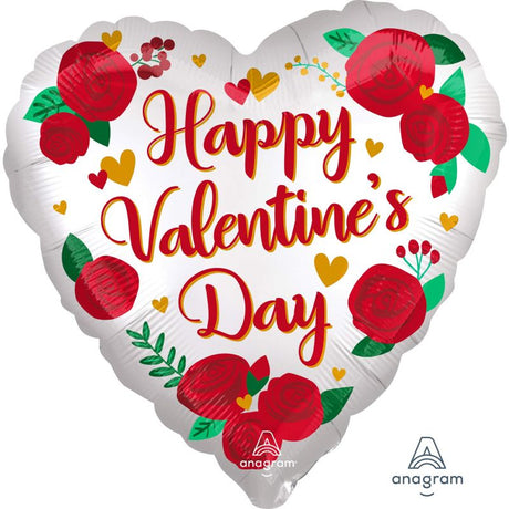 45cm XL Happy Valentine's Day balloon with satin roses, vibrant colors, perfect for romantic celebrations and photo opportunities.