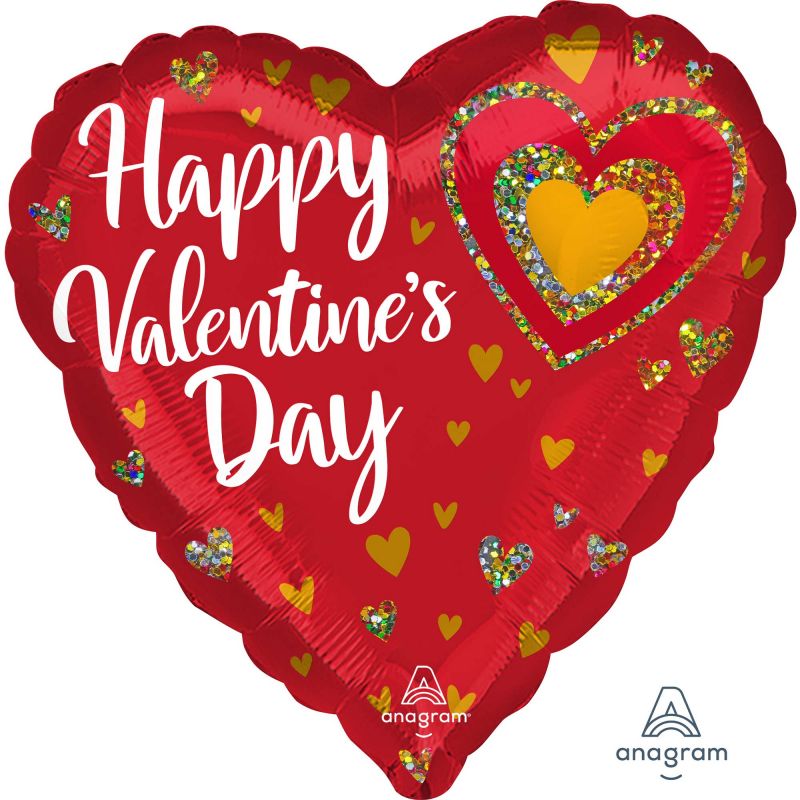 Vibrant 45cm Happy Valentine's Day foil balloon with glitter hearts, perfect for romantic celebrations and events.