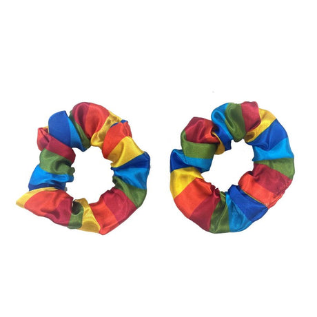 Colorful pack of 2 rainbow hair scrunchies, perfect for stylish hair accessories and secure, damage-free hold.
