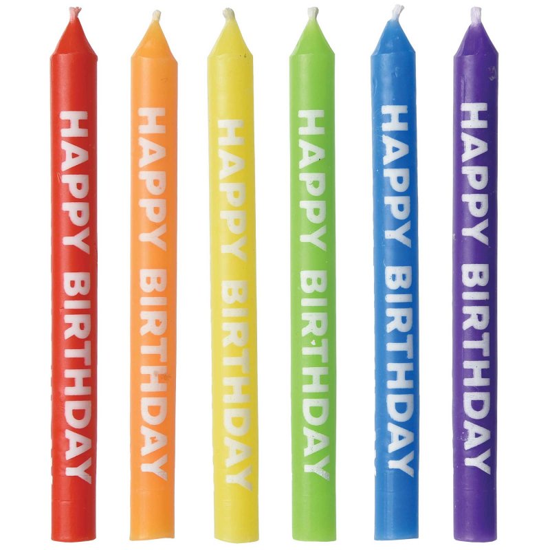 Colorful 8cm rainbow birthday candles in a pack of 12, perfect for adding fun to any birthday celebration.