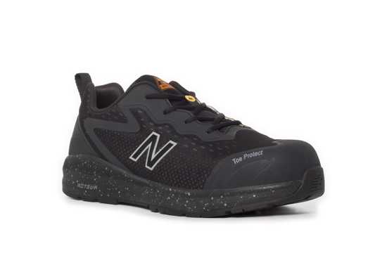 New Balance Logic Black/Orange safety shoes, Size 10, featuring a lightweight design, composite toe cap, and slip-resistant outsole.