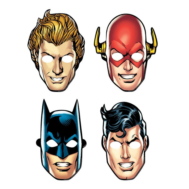 Vibrant 24cm paper masks featuring Justice League superheroes, perfect for parties and themed celebrations, pack of 8.