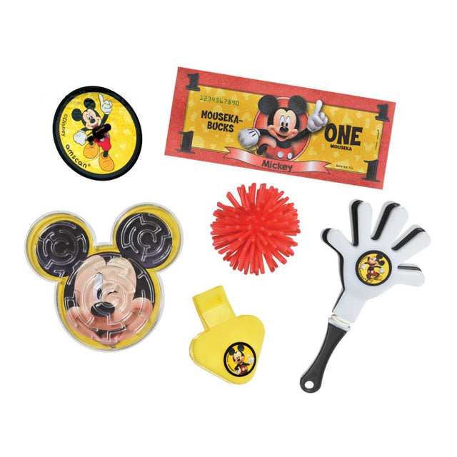 Mickey Mouse party favors pack of 48 with maze puzzles, laser tops, clappers, and more for kids' celebrations.