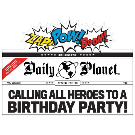 Justice League Heroes Unite Deluxe invitations featuring colorful superheroes, perfect for birthday parties, pack of 8.