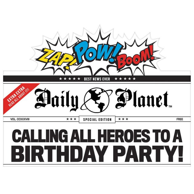 Justice League Heroes Unite Deluxe invitations featuring colorful superheroes, perfect for birthday parties, pack of 8.