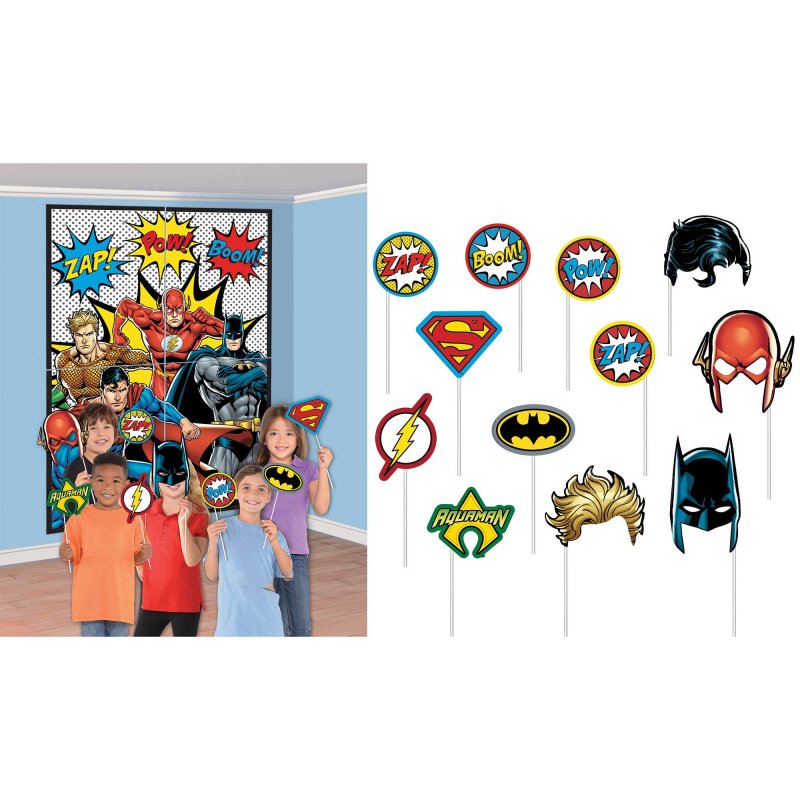 Vibrant Justice League party decorations with 4 large scene setters and 12 cardboard props for epic superhero themes.