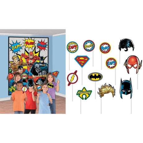 Vibrant Justice League party decorations with 4 large scene setters and 12 cardboard props for epic superhero themes.