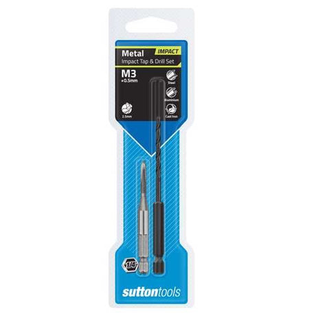 Sutton Impact Tap & Drill Set M3 x 0.5mm for fast, efficient tapping with impact drivers; made from durable tungsten chrome alloy.