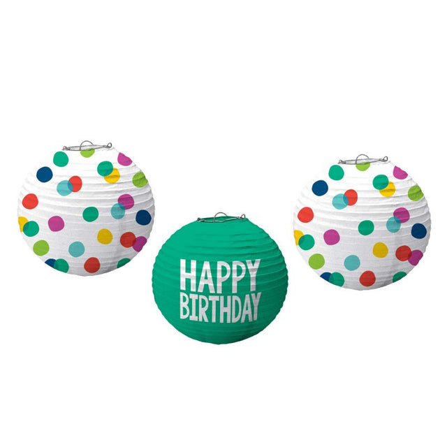 Colorful 24cm Happy Dots paper lanterns in a pack of 3, perfect for vibrant birthday celebrations and decorative accents.