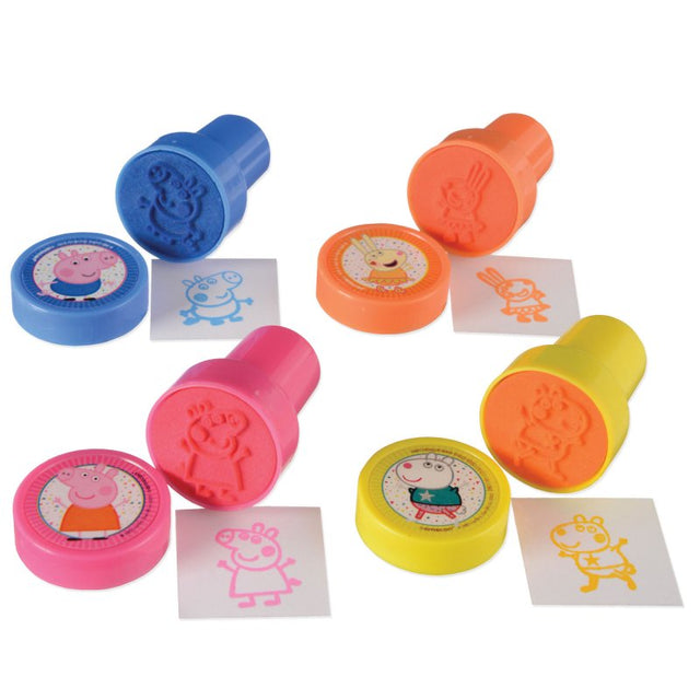 Four Peppa Pig stampers in vibrant designs, perfect for crafts and party favors for little hands.