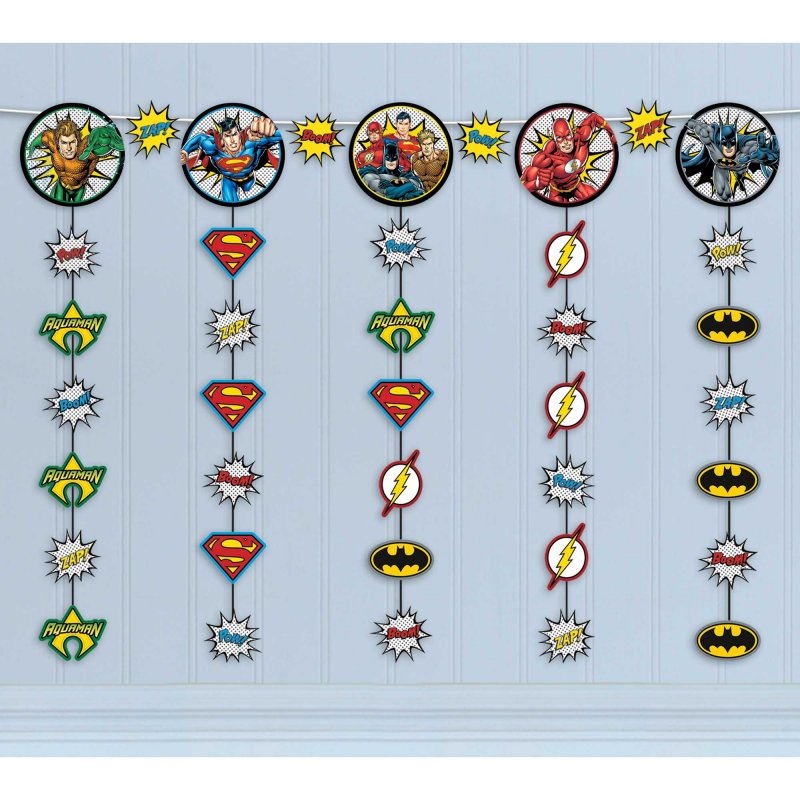 Vibrant 1.21m Hanging String Decorations featuring iconic Justice League characters, perfect for superhero-themed celebrations.