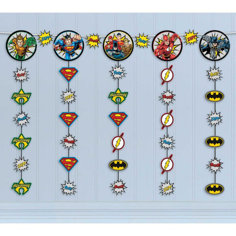 Vibrant 1.21m Hanging String Decorations featuring iconic Justice League characters, perfect for superhero-themed celebrations.