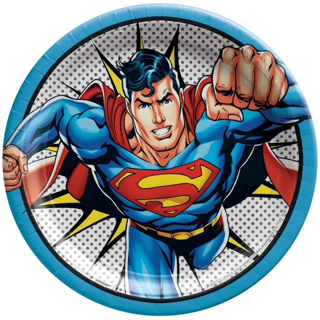 Superman-themed paper plates (23cm, pack of 8) featuring vibrant graphics, perfect for superhero parties and gatherings.