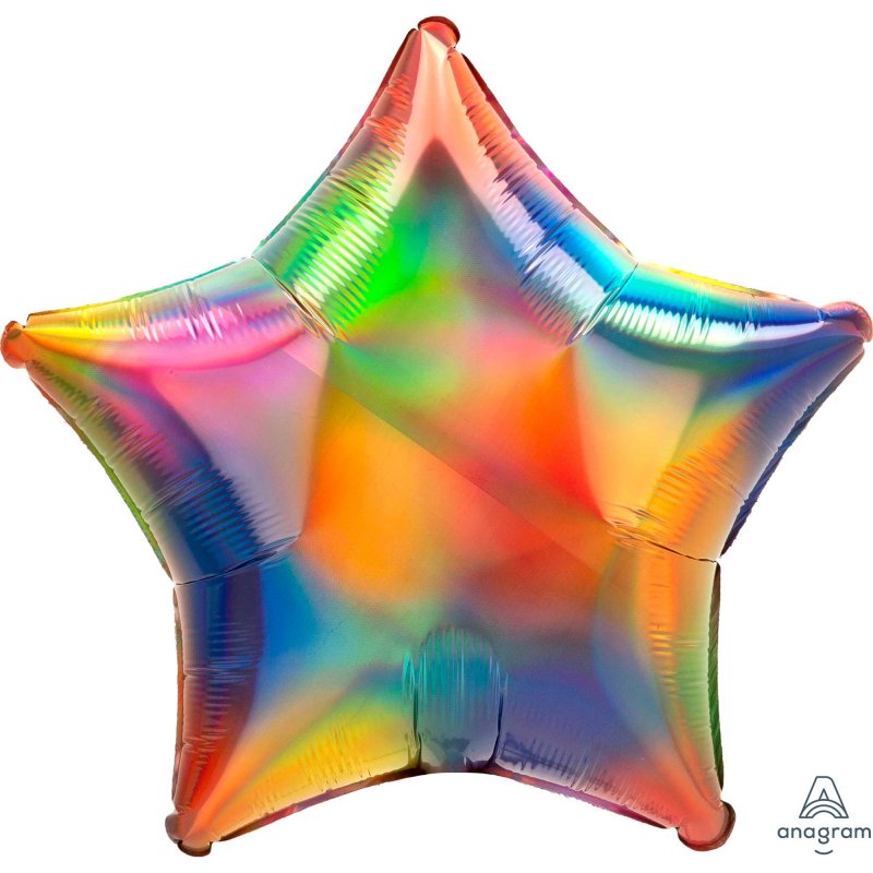 Holographic iridescent rainbow star foil balloon, 45cm, perfect for festive celebrations and easy to inflate.