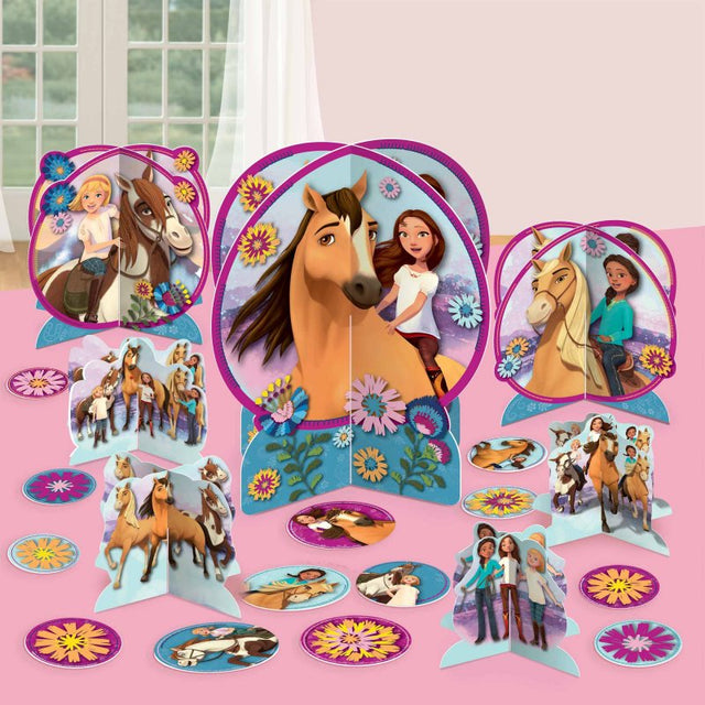 Colorful Spirit Ride Free Table Decorating Kit featuring various cardboard centerpieces and confetti for vibrant party decor.