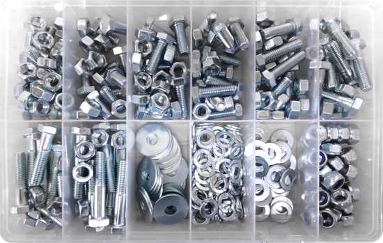 Class 8.8 M10 Bolt/Nut/Washer Assortment Kit with 255 durable zinc plated pieces for various fastening tasks.
