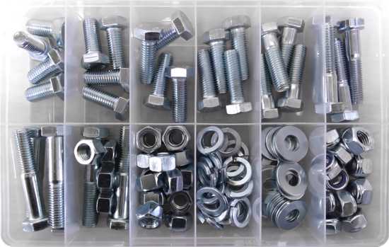 M14 bolt, nut, and washer assortment kit with 112 pieces, zinc plated, for versatile fastening in various projects.