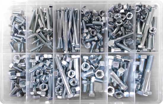 Class 8.8 Metric Bolt and Nut Assortment Kit, 176 pieces, featuring durable zinc-plated bolts and hex nuts in various sizes.