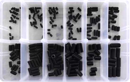 A 220-piece assortment of black socket head grub screws for reliable fastening in various applications.