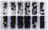 A 220-piece assortment of black socket head grub screws for reliable fastening in various applications.
