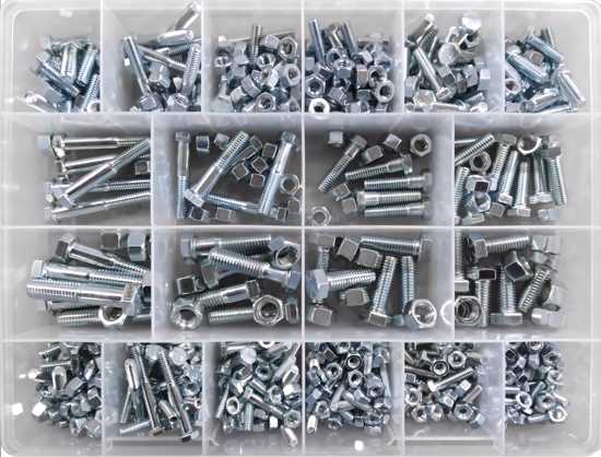 Grade 5 & 8 UNC Bolt and Nut XL Assortment Kit featuring 245 zinc plated fasteners, ideal for construction and DIY projects.