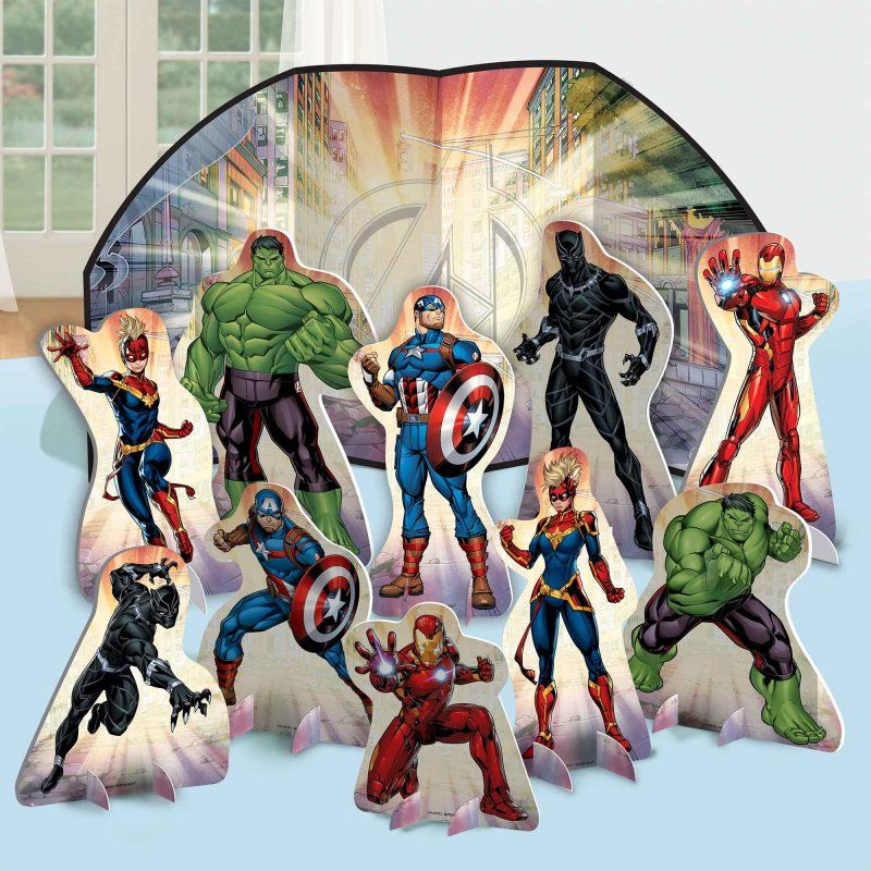 Colorful Marvel Avengers table decorations featuring various superhero centerpieces for epic party themes.