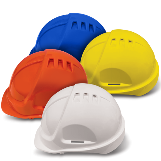 Armour Vented ABS Hard Hat with full brim, adjustable fit, and detachable sweat band for safety and comfort in the workplace.