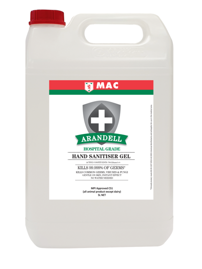 MAC Arandell 5L hand sanitiser gel with 70% ethanol, kills 99.999% germs, fragrance-free, and skin conditioning formula.