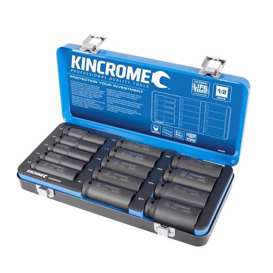 Kincrome 14 Piece Metric Deep Impact Socket Set with black phosphate finish and EVA tray for organized storage.