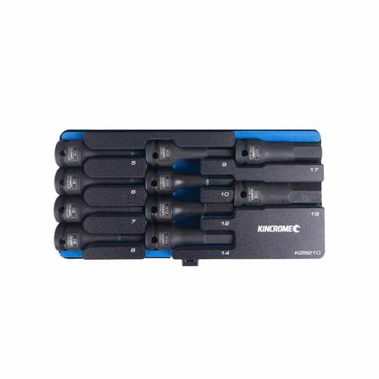 Kincrome 10-Piece Hex Impact Socket Set, durable Cr-Mo sockets with sizes 5-19mm, organized in EVA tray for mechanics.