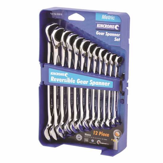 Kincrome 12Pc Metric Gear Spanner Set with fine ratcheting design for tight spaces and reduced fastener rounding.