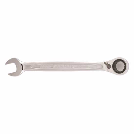 Kincrome 12Pc Metric Rev Comb. Gear Spanner Set in Chrome Vanadium Steel, featuring thin heads for tight access and fine gear ratcheting.
