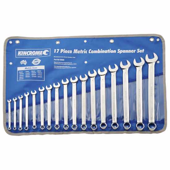 Kincrome 17 Piece Metric Combination Spanner Set features chrome vanadium steel, mirror polish finish, and 15-degree offset for accessibility.