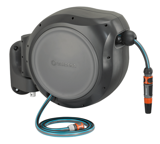 Gardena Roll Up Retractable Hose Reel with 30m hose, automatic retraction, 180° swivel, and compact wall storage design.