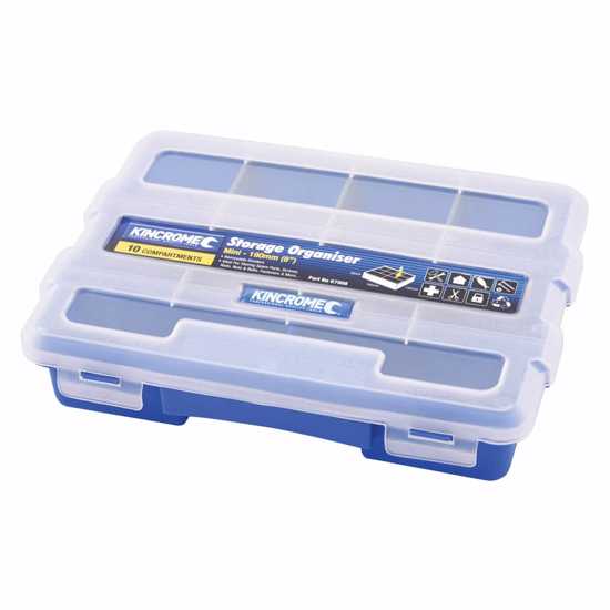 Compact Kincrome Plastic Organiser-Mini with 10 compartments, clear lid, recessed handle, ideal for storing small parts.