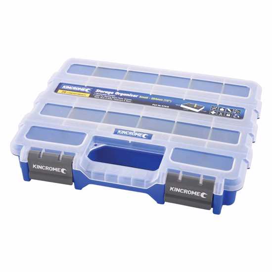 Kincrome small plastic organizer with 20 compartments, clear lid, and carry handle for efficient storage of hardware supplies.