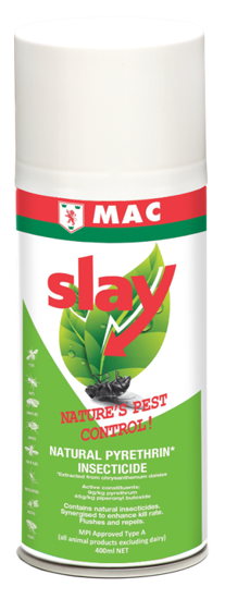 Natural insecticide in 400ml bottle, made with pyrethrum, effective against pests in various environments.