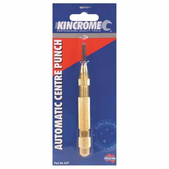 Kincrome Automatic Centre Punch, 125mm, features durable knurled brass body and spring-loaded point for precise marking.