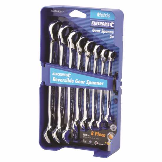 Kincrome 8 Piece Comb Gear Rev Spanner Set featuring 8-19mm sizes, fine gear ratcheting, and durable Chrome Vanadium Steel.