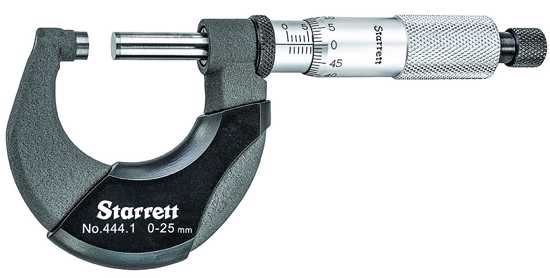 Starrett Outside Micrometer 444MXRL-25-0-25mm with satin chrome finish, carbide anvil, and precision accuracy for measuring tasks.