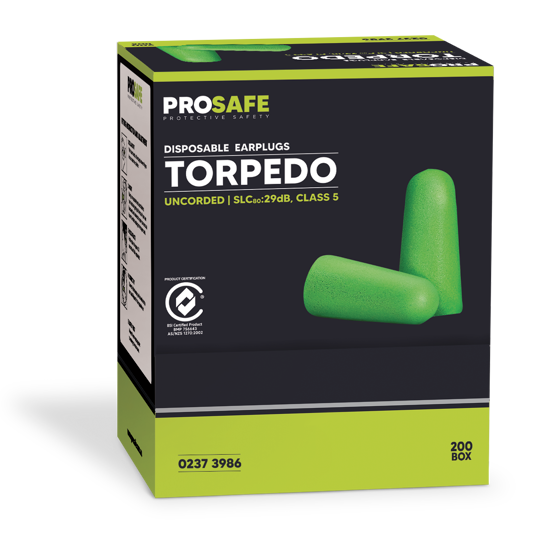 Prosafe Earplugs Torpedo Uncorded Class 5 in a box, featuring a bullet shape and high visibility for effective noise protection.