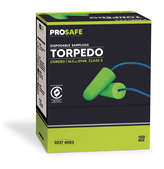High-visibility Prosafe Earplugs Torpedo Corded CLS (100) in bullet shape for noise reduction and comfort, sealed for hygiene.