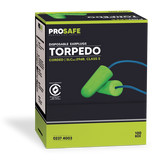 High-visibility Prosafe Earplugs Torpedo Corded CLS (100) in bullet shape for noise reduction and comfort, sealed for hygiene.