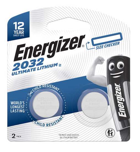 Two-pack of Energizer Ultimate Lithium 2032 batteries, delivering long-lasting power for critical devices in extreme temperatures.