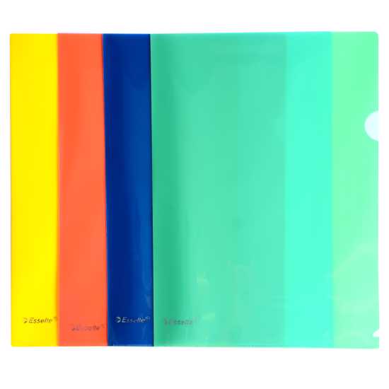 Esselte A4 L-Shaped pockets in assorted colours, pack of 12; heavy-duty, copy-safe, opens on two sides for easy document access.