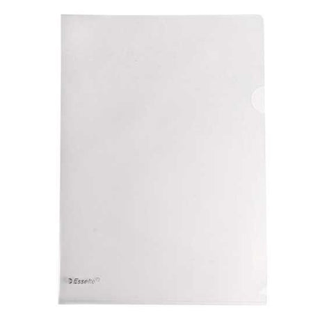 Clear Esselte A4 L-Shaped Pockets Pack of 12, durable 170-micron for organized filing and document protection.