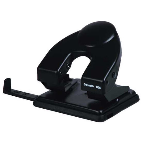 Esselte D25 black 2-hole punch with ergonomic grip, punches 25 sheets, includes waste box, and features a guide bar for alignment.