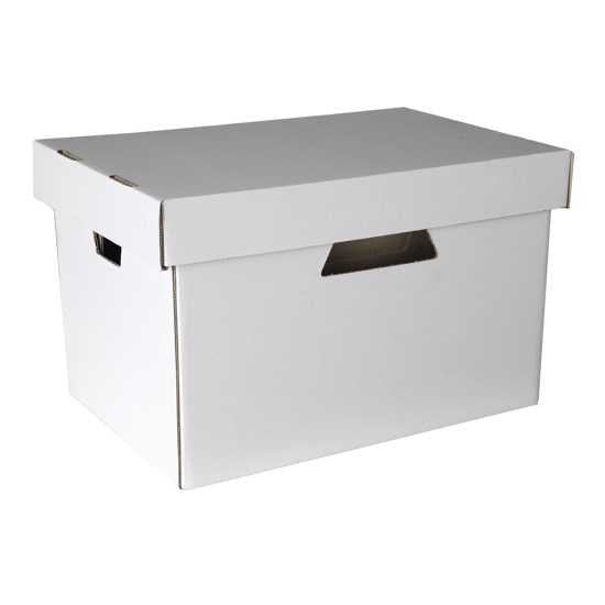 White Esselte archive box for organizing files, made from 71% recycled material, easy to assemble with carry holes.