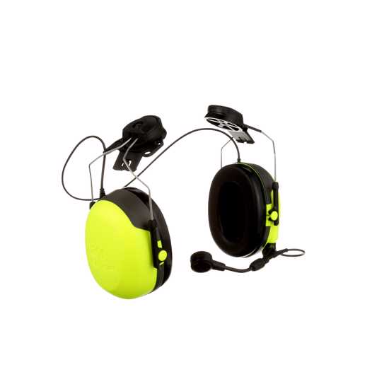 Yellow 3M PELTOR earmuff with slim design, noise-cancelling mic, and detachable connector for hearing protection in noisy environments.